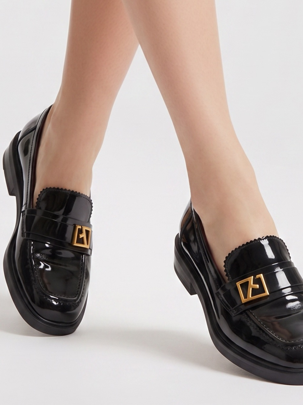 Franco Sarto Black Patent Loafers with Gold Accent